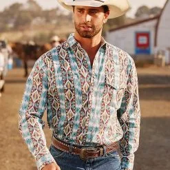 Wrangler Men's Checotah Dusty Blue Diamond Western Shirt