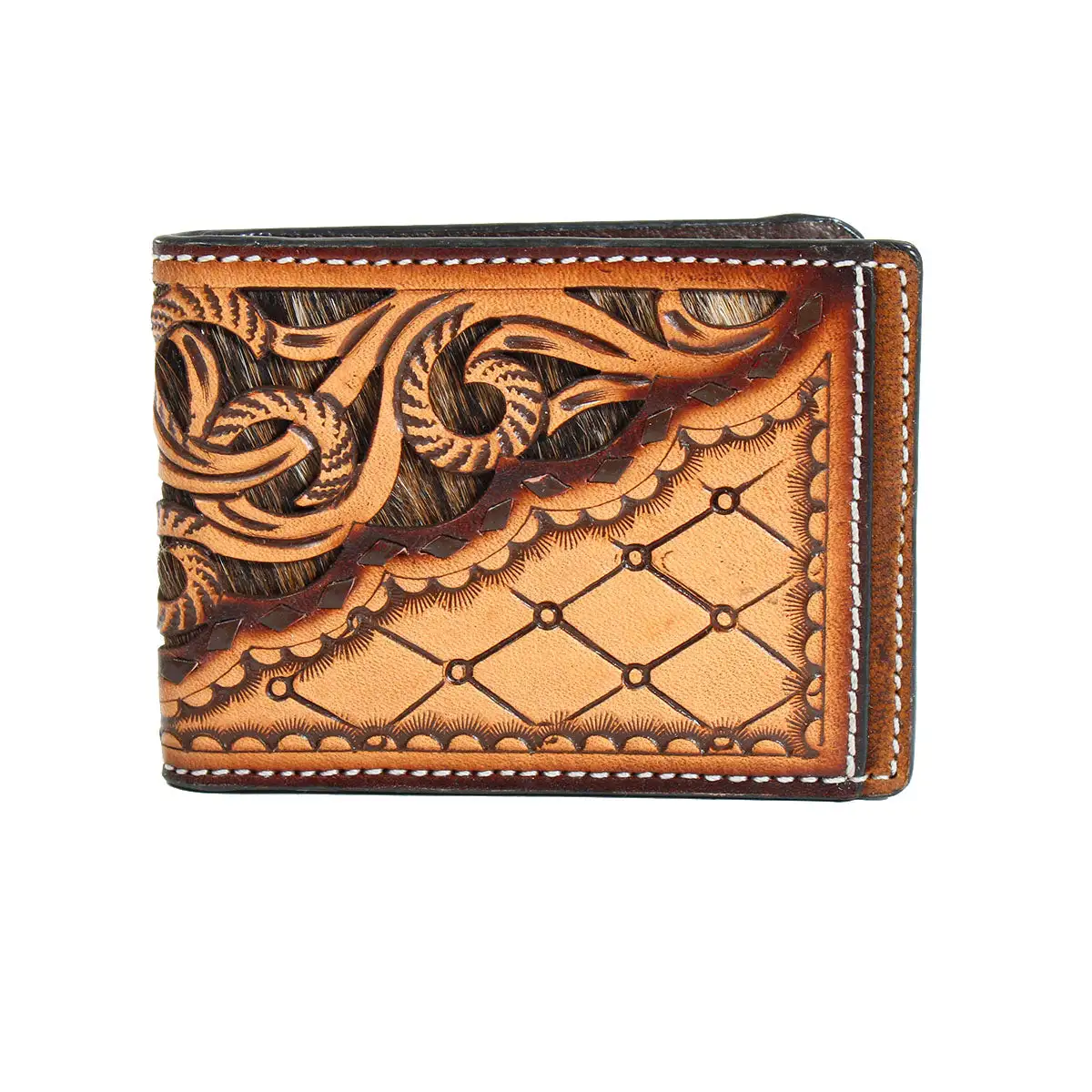 M&F Western 3D Calf Hair Tooled Bifold Spring Money Clip