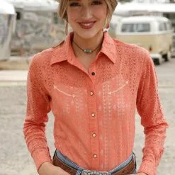 Miller International Cruel Denim Women's Orange Long Sleeve Lace Western Shirt