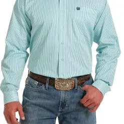 Miller International Cinch Men's White & Green Stripe Tencel Button Down Long Sleeve Shirt