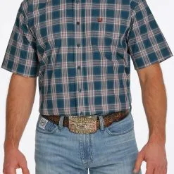Miller International Cinch Men's Teal Plaid Short Sleeve Shirt