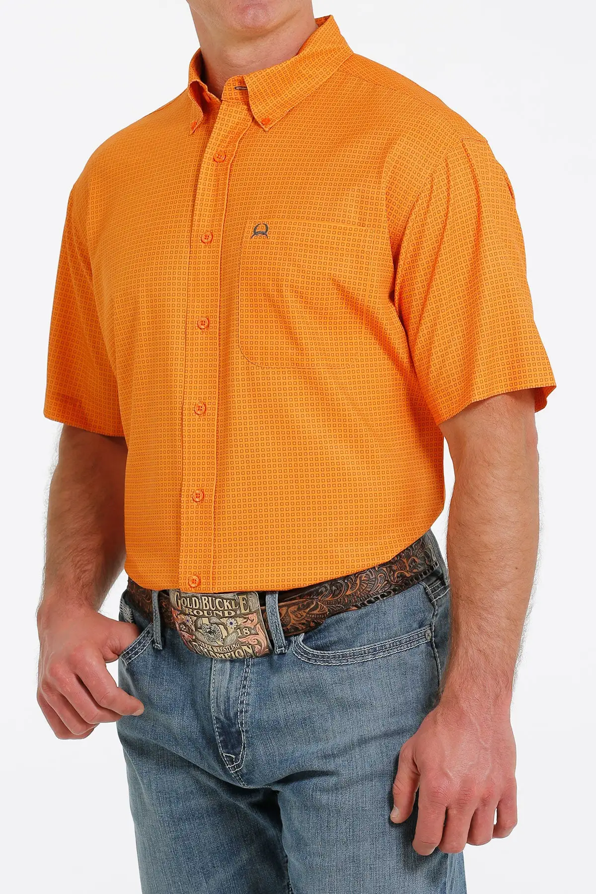 Miller International Cinch Men's Orange Patterned ArenaFlex Short Sleeve Shirt - Image 3