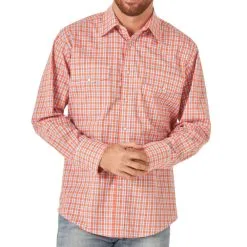 Wrangler Men's Orange Plaid Long Sleeve Snap Shirt
