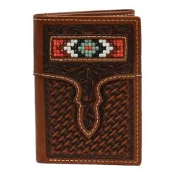 M&F Western Nocona Basket Weave W/Aztec Beaded Inlay Tri-Fold Leather Wallet