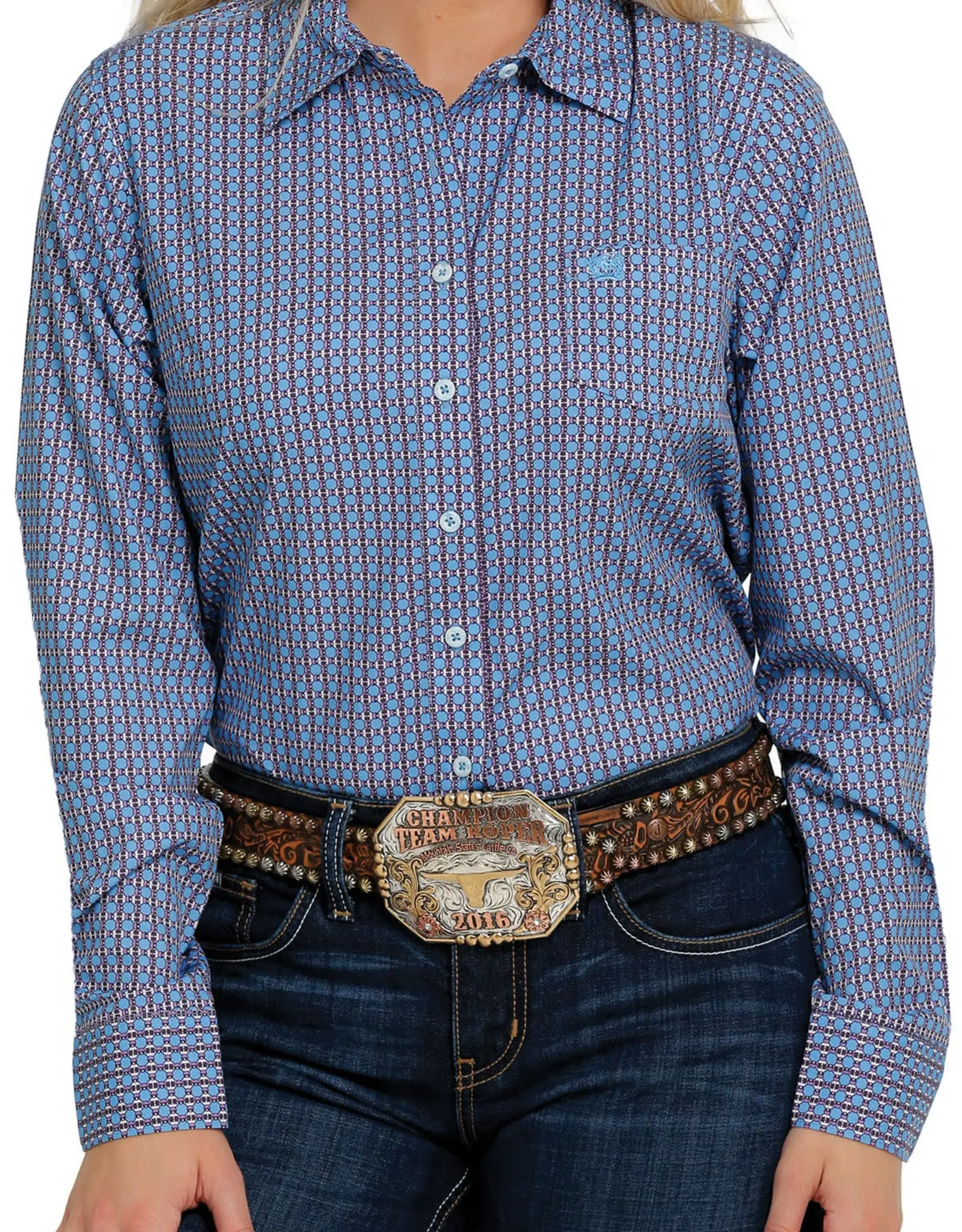 Women’s Cinch Light Blue Plum Print ArenaFlex LS Shirt