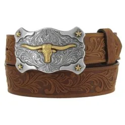 BRIGHTON Tony Lama Kids Little Texas Aged Bark Tooled Leather Belt