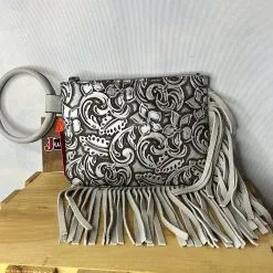 Justin 2176789 WHT Silver Hand Tooled Leather Purse W/ Fringe