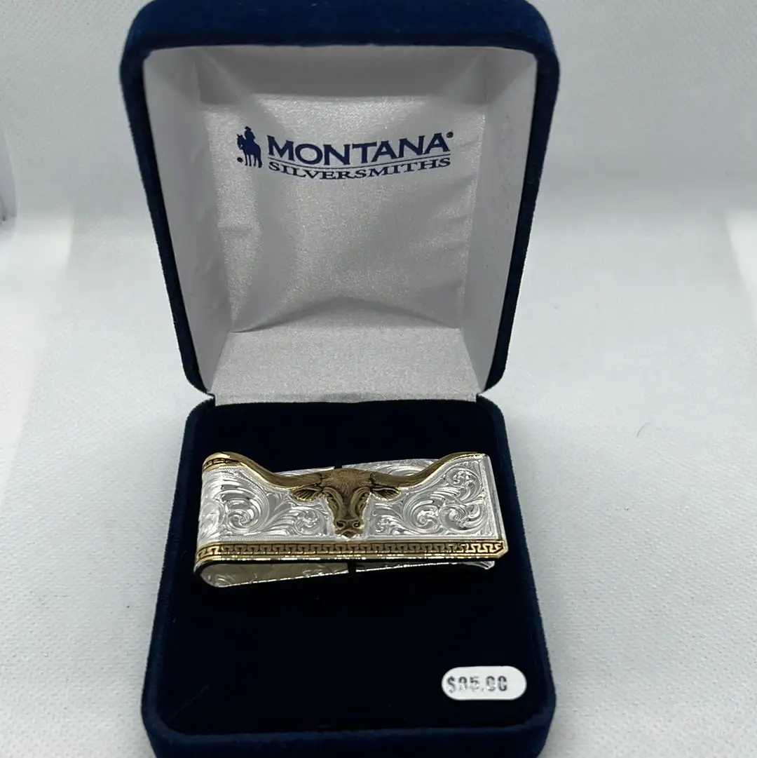 Montana Silversmiths Two-Tone Carved Longhorn Money Clip