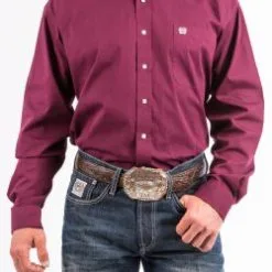 Cinch Men's Solid Burgundy Button-Down Long Sleeve Shirt