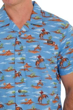Miller International Cinch Men's Blue Bucking Horse Short Sleeve Camp Shirt - Image 4