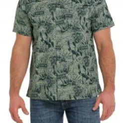 Miller International Cinch Men's Green Caution Cactus Short Sleeve Camp Shirt