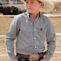 Miller International Cinch Boy's Gray/Cream Geometric Print Button-Down Long Sleeve Shirt